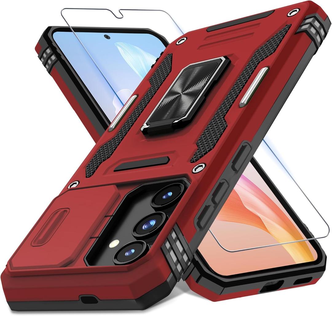 DEERLAMN Case for Samsung Galaxy S25 FE 6.7-Inch with Slide Camera Cover+Screen Protector(1 Pack), Rotated Ring Kickstand Military Grade Shockproof Protective Cover-Red