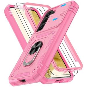 for Samsung Galaxy S22 Case with Slide Camera Cover & Screen Protector*2, 360 Rotating Ring Kickstand, Military Grade Protective Case for S22 Phone, Pink