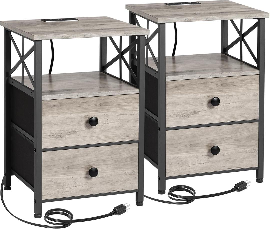 AMHANCIBLE Night Stand Set 2, Nightstand with Charging Station, End Tables Living Room with USB Ports and Outlets, Bedside Tables with Fabric Drawers for Bedroom, Greige HET05XGY