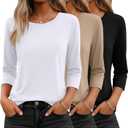 Ficerd 3 Pack 3/4 Sleeve Tops for Women Round Neck Dressy Basics Tees Casual Trendy Loose Fit T Shirts (Medium, White, Mocha, Black)