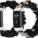 Compatible with Fitbit Charge 2 Scrunchie Bands Elastic Watch Strap for Women Large Small Stretchy Cute Fabric Adjustable Wristband Scrunchy Bracelet (Black/Chrysanthemum)
