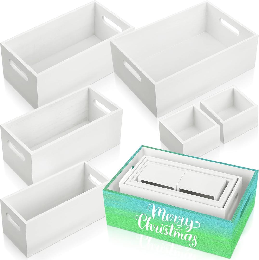 Set of 6 Wood Storage Boxes with Handles Wooden Nesting Crates Rustic Farmhouse Storage Container for DIY Crafts Party Home Table Decoration Display(White)