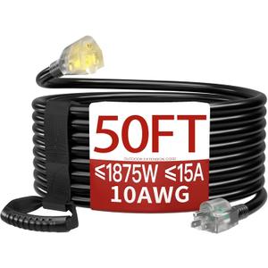 50 FT 10 Gauge Extension Cord Outdoor, Heavy Duty Weatherproof & Flame Retardant Black 3 Prong Power Cord with Light, Outside for Lawn & Garden, 15 Amps 1875 Watts 125 VAC 10AWG SJTW, ETL Listed