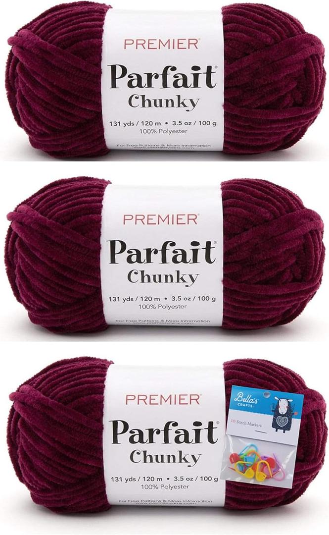 Premier Yarns Parfait Chunky Chenille Yarn 3.5 Oz Super Bulky Weight 3 Pack Bundle with Bella's Stitch Place Holders (Plum)