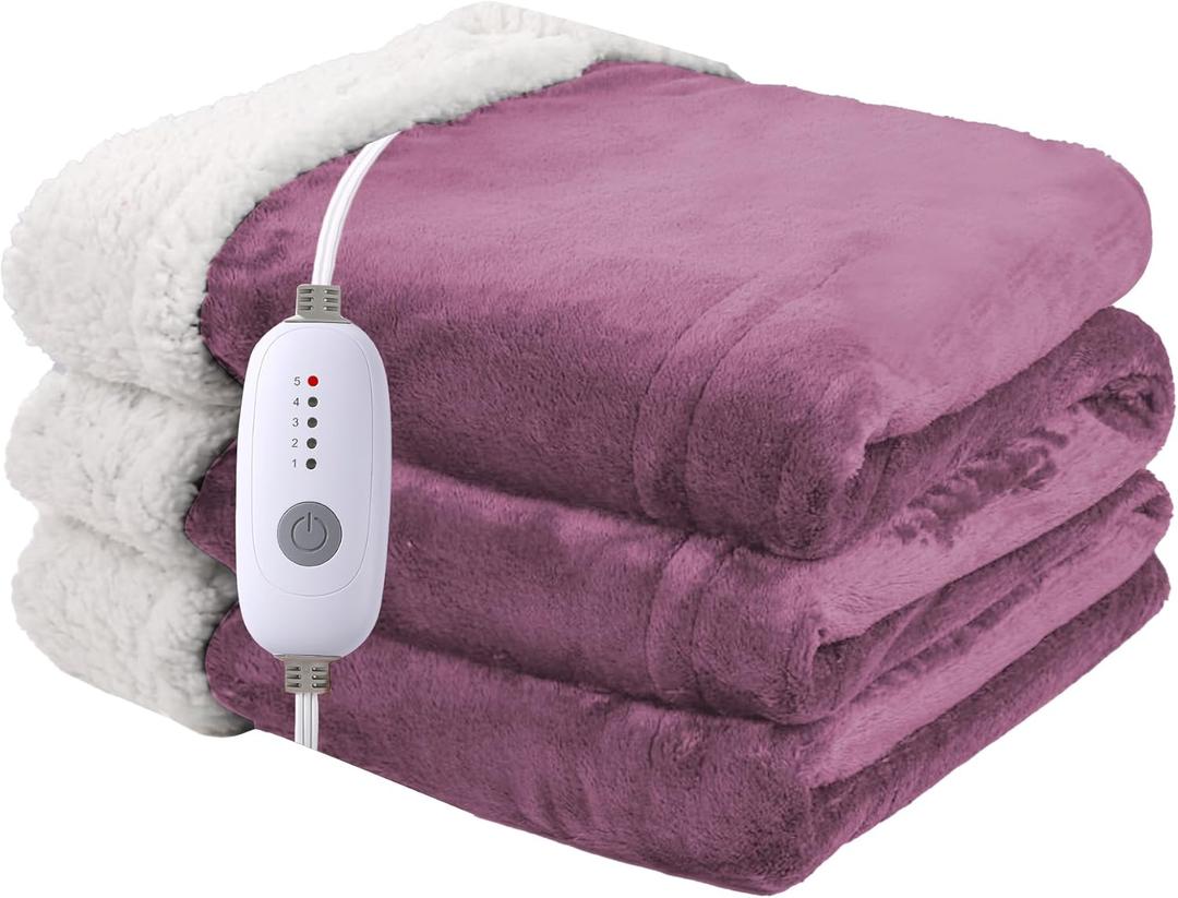 Heated Blanket Electric Throw Size 50''x60'' with 5 Heating Levels, 3 Hour Auto Shut Off, Machine Washable, Flannel & Sherpa Double-Sided Soft Warming Blanket for Couch, Bed, Office - Purple