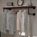 Clothes Rack 36in, Wall Mounted Garment Racks with Brown Real Wood Shelf, Heavy Duty Hanging Clothes Rack, Multi-Purpose Hanging Rod, Space-Saving Closet Storage