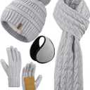 Aneco 4-in-1 Women Winter Beanie Hat Scarf Touchscreen Gloves Ear Warmer Set Fleece Lined Warm Knit Skull Cap with Pom Pom (Light Gray)