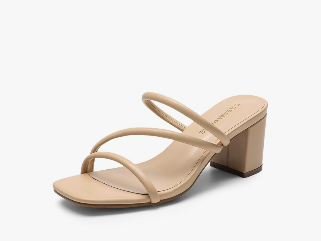 Women's Strappy Heels Open Toe Low Chunky Heel Slip On Mules Square Block Sandals Dress Shoes, Size 6