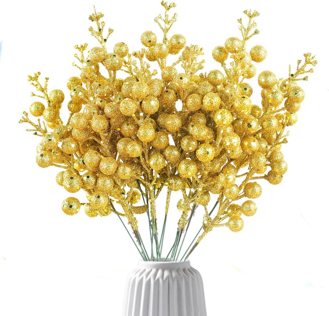 14Pcs Gold Christmas Glitter Berries Stems Christmas Tree Picks 7.8 Inch Artificial Christmas Picks Stems Faux Holly Berry Branches for Christmas Tree Ornament DIY Crafts Wreath Holiday and Home Decor
