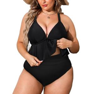 CUPSHE Women's Bikini Sets Plus Size Two Piece Swimsuit Ruffled Shirred High Waisted Swimwear 0X/L Solid Black