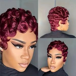 MOONSHOW Short Pixie Wigs for Black Women Wine Red Pixie Cut Wig Burgundy Short Curly Wigs for Black Women Synthetic 99J Color Short Hair Wig for Women Wine Red Layered Pixie Wigs(Burgundy)