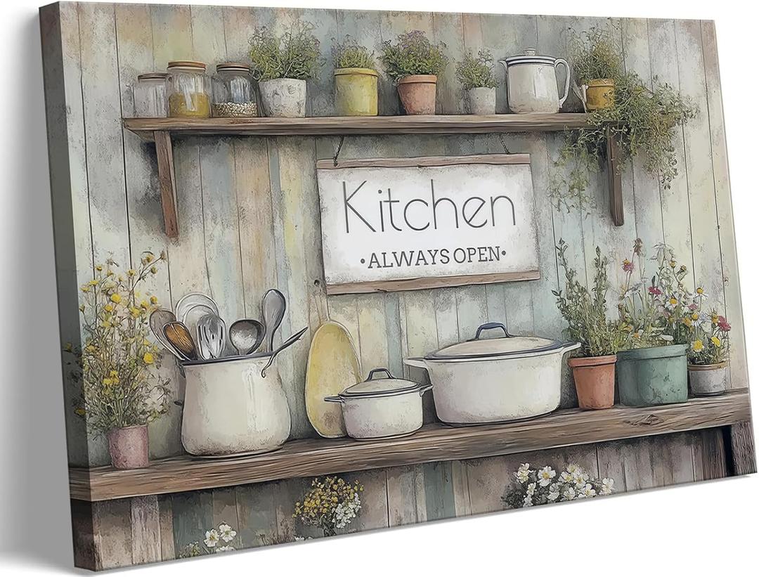 QQL Rustic Kitchen Canvas Wall Art Farmhouse Pots Pans Kitchen Always Open Wall Decor Picture Country Still Life Floral Painting for Dining Room Home Decoration Ready to Hang