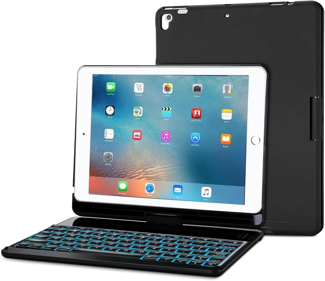 ProCase 360 Rotation 7-Color Backlit Keyboard Case for iPad 9.7 inch (Old Model), iPad 6th Gen(2018)/ iPad 5th Gen(2017), iPad Pro 9.7"(2016), iPad Air 2(2014)/ iPad Air 1(2013) Keyboard Cover -Black