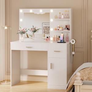 JUMMICO 35.4" Vanity Desk with LED Mirror & Power Outlet, Makeup Vanity Table with 3 Open Storage Shelves, Drawers and Cabinet, 3 Model Adjustable Lights for Bedroom & Dressing Room (White)