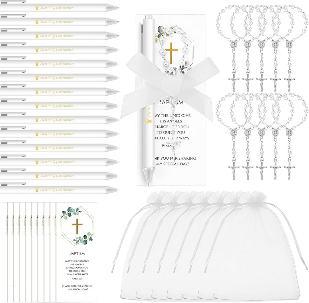 Frienda 36 Sets First Communion Favors for Guests Recuerdos De Primera Comunion 36 First Holy Communion Pens 36 Mini Rosary 36 Cross Bookmark 36 Organza Bags for Baptism Party Christian Gift