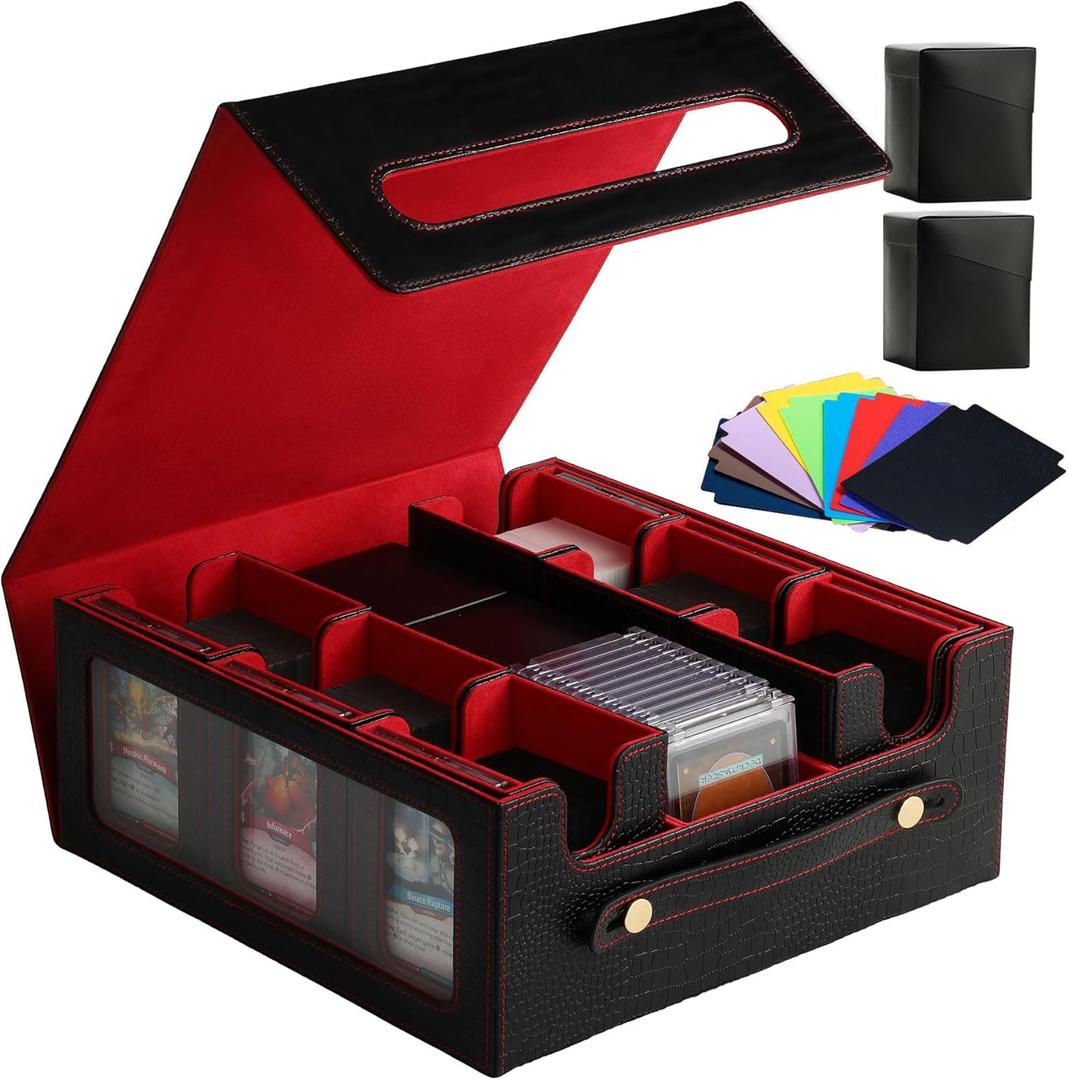9-in-1 MTG Deck Box with Handle - Fits 1000+ Trading Cards or 8 Commander Decks - Premium Black Red Leather TCG Storage Case with 8 Removable Trays & 10 Dividers - For Magic, YGO, PTCG
