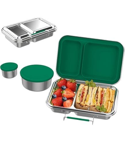 Stainless Steel Bento Box for Adults, 31.6 oz Leakproof 5-Compartments Stainless Steel Lunch Bento Containers, Metal Lunchbox with 2 Container, Dishwasher Safe for Office, Outdoor, BPA-Free Green