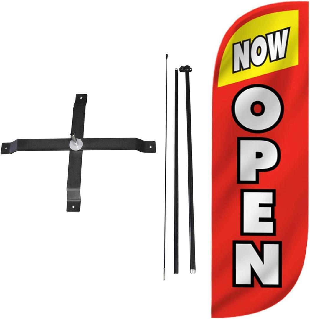 LookOurWay Feather Flag Set - 5ft Tall Advertising Banner Flag with Pole Kit and X-Stand for Business Promotion - Now Open Red/Yellow