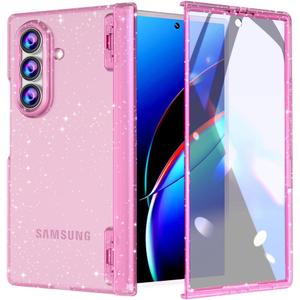 FABSPARK Case for Samsung Galaxy Z Fold 7 Built-in Screen Protector, Hinge Protection, Sparkly Bling Glitter Crystal Clear Transparent Slim Fit Acrylic Hard PC for Samsung Z Fold 7 Case, Glitter Pink
