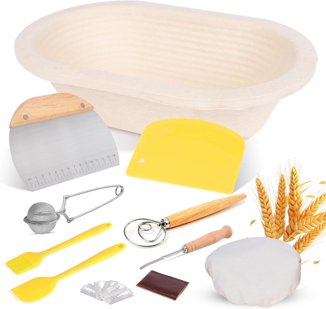 Non-Stick 10 Oval Wood Pulp Banneton Bread Proofing Basket Set, Sourdough Banneton Basket Kit, Bread Making Tool Sourdough Starter Kit with Proofing Bowl, Cover, Dough Whisk, Lame, Scraper