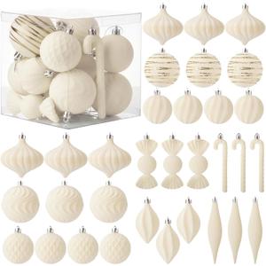 Soulchen 32 Pcs Velvet Christmas Tree Ornaments Ball Set Shatterproof Flocked Christmas Decorations Ball Bulk for Tree Decorative Hanging Garland Ornaments Xmas Holiday Party Decor(Beige)