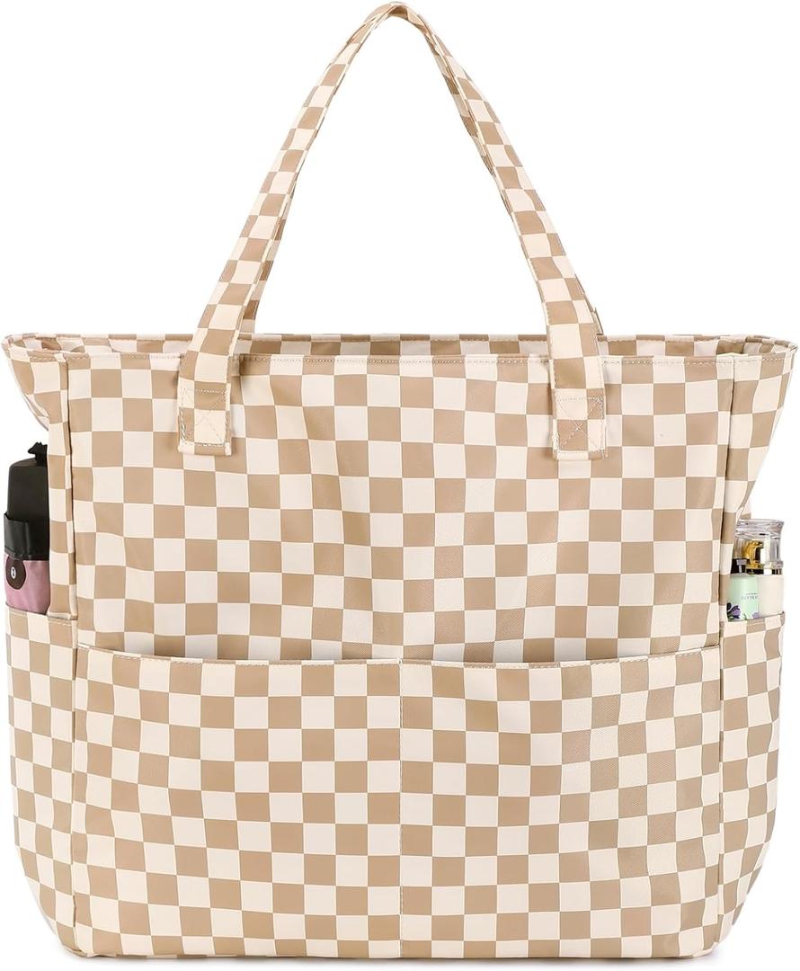 Bluboon Waterproof Beach Tote Pool Bags for Women Ladies Extra Large Carry On Bag With Wet Compartment for Weekender Travel (Checked Brown White)
