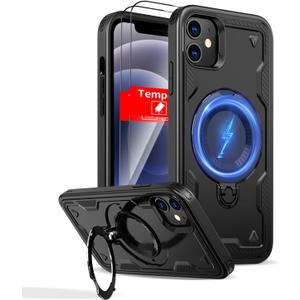 for iPhone 12 Case Magnetic,for iPhone 12 Pro Case Magnetic Compatible with MagSafe Wireless Charger,with Stand Ring+ 2 Screen Protectors,Heavy Duty Protection Military Grade Shockproof Black