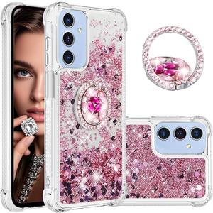 CCSmall for Samsung Galaxy A26 Case Clear Glitter Bling for Women, Flowing Liquid Quicksand Sparkly Cover with Diamond Ring Kickstand Case for Samsung A26 LSZ Rose Gold