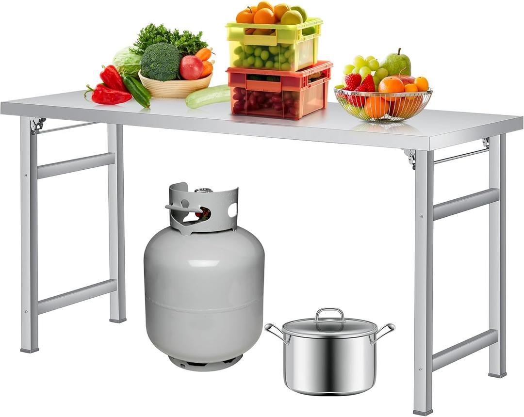 Stainless Steel Folding Table (60x24 in), 520 LBS Load, Foldable Stainless Steel Workstation, Single Tier No Undershelf, Commercial Work Table for Home, Kitchen, Restaurant, Garage, Camping, Outdoor