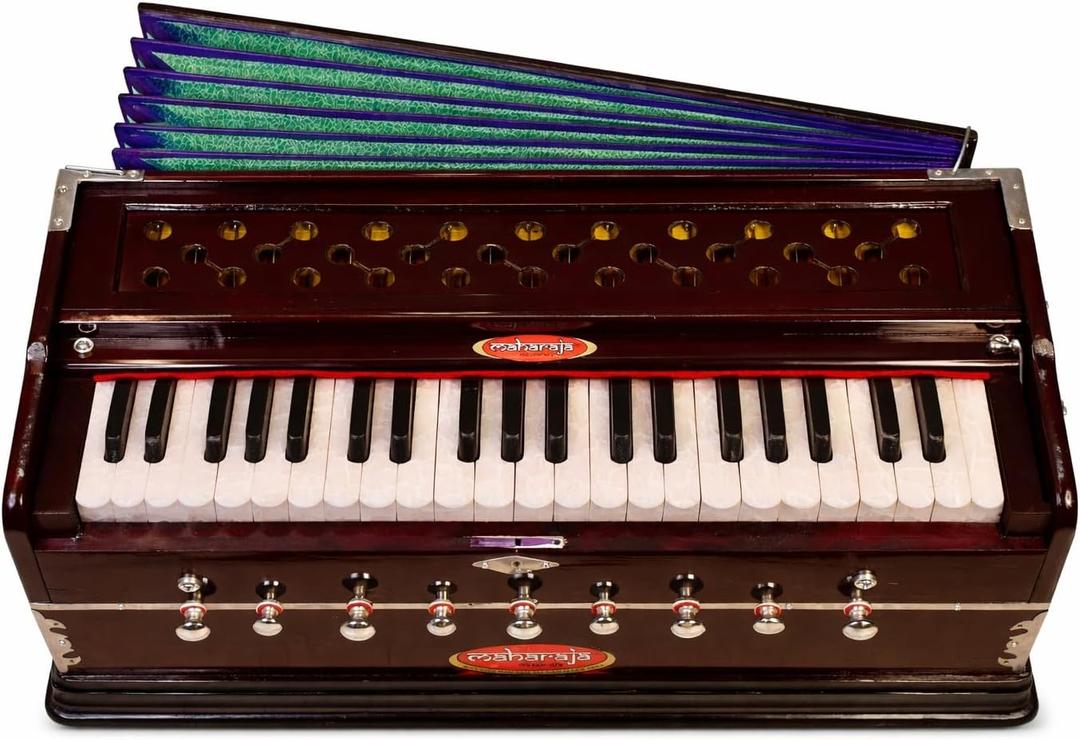 Harmonium Musical Instrument, Maharaja Musicals, 9 Stops, 3 1/2 Octave, Double Reed, Coupler, Dark Mahogany, 2024-25 Model, Standard, Padded Bag, A440 Tuned, Indian Sangeeta Harmonium - DC