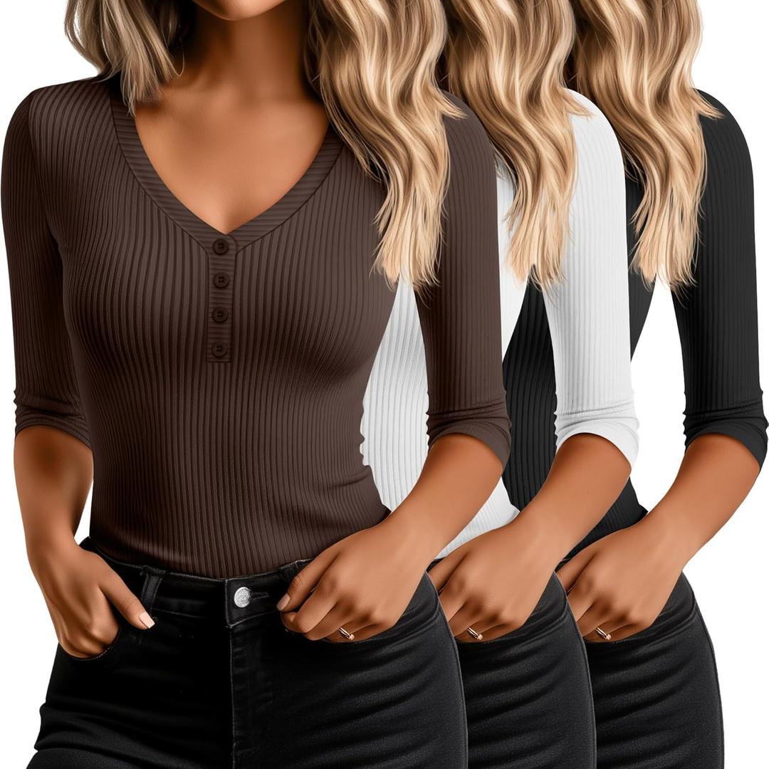 Ficerd 3 Pack Women's 3/4 Sleeve Henley Shirts, Cotton V Neck Ribbed Knit Slim Fit Shirts Tight Basic Tee (Large, Black, White, Brown)