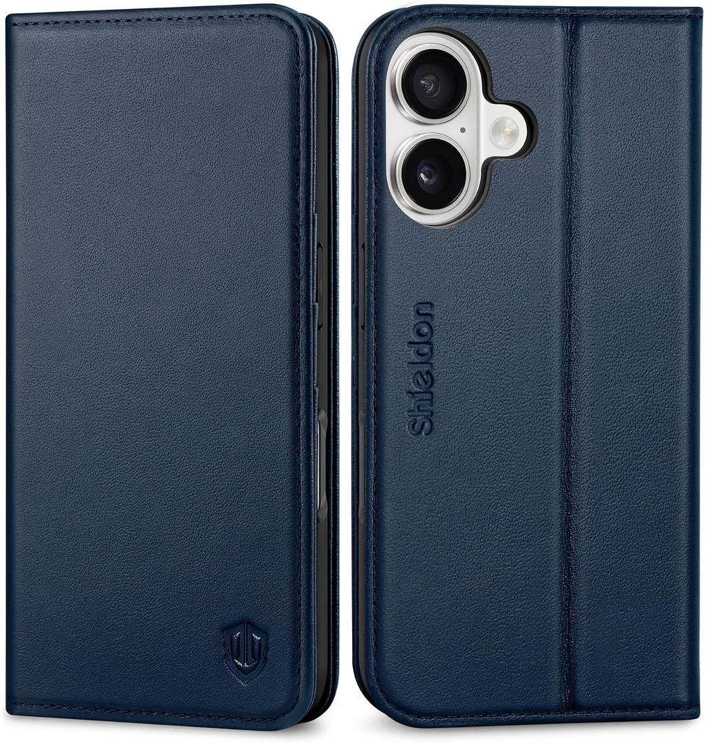 SHIELDON Wallet Case for iPhone 17 6.3-inch 2025 | Genuine Leather | Foldable | RFID Blocking Credit Card Holder | Kickstand | Magnetic Closure | Shockproof TPU Phone Cover | Navy Blue