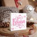 Wooden Box Signs: Believe, Merry Christmas, Perfect Pink & Red Decorations - 5x5 Inch, Great Gifts for Her