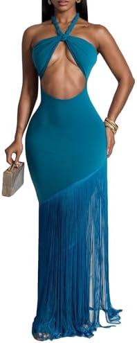 Kwunbwa Women's Sexy Halter Backless Maxi Dress Cut Out Sleeveless Bodycon Long Fringes Club Party Cocktail Dresses, Size M