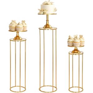6 Pack Cylinder Pedestal Stands and Metal Cake Stand Set, Gold Metal Plant Round Display Columns Cupcake Dessert Table Display Stand for Party Wedding Birthday Baby Shower Anniversary