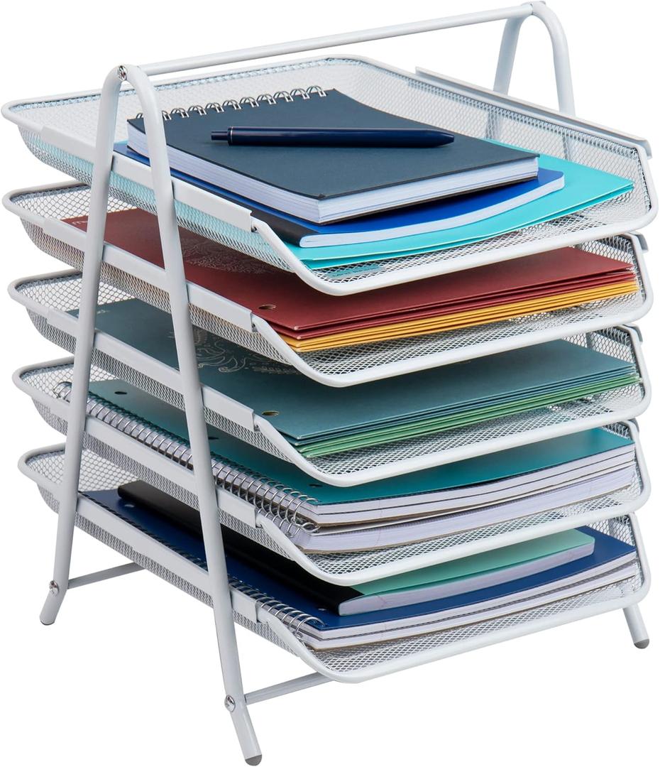 Mind Reader 5-Tier Paper Tray, Desktop Organizer, File Storage, Office, Metal Mesh, 11.75" L x 14" W x 14.5" H, White