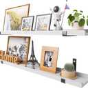 Natural Wood Floating Shelves with Lip, 40 Inch Long White Floating Wall Shelves with Metal Bracket, Set of 2 Picture Ledge Shelf Wall Mounted Shelves for Living Room, Bedroom and Kitchen.