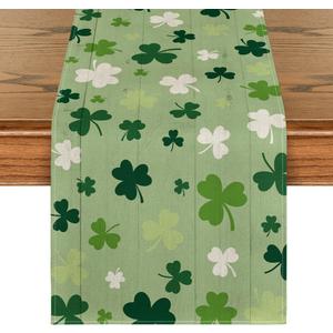 Artoid Mode Green Wood Shamrock St. Patrick's Day Table Runner, Seasonal Spring Kitchen Dining Table Decoration for Home Party Decor 13x72 Inch