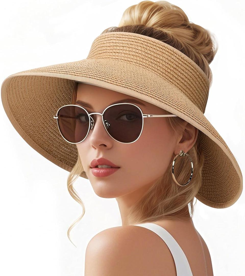 Sun Visors Hats for Women, Fashionable Straw Beach Hat with Wide Brim, Sun Hat UPF 50+ UV Protection