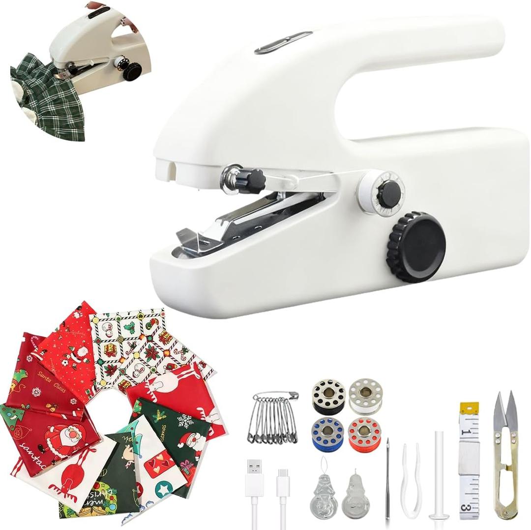 Handheld Sewing Machine with 8 Pieces of New Year's Fabric & 21 Sewing Accessories, Mini Sewing Machine for Beginners, Perfect Sewing Tool for 2026 New Year DIY Gifts, Decor & Clothing Repairs