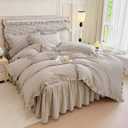 mixinni Vintage Ruffle Tan Gingham Comforter Set 3-Piece Washed Cotton Queen Beige Grid Bedding Set with Taupe Geometric Checkered Pattern, Farmhouse Chic Soft Fluffy Comforter for All-Season