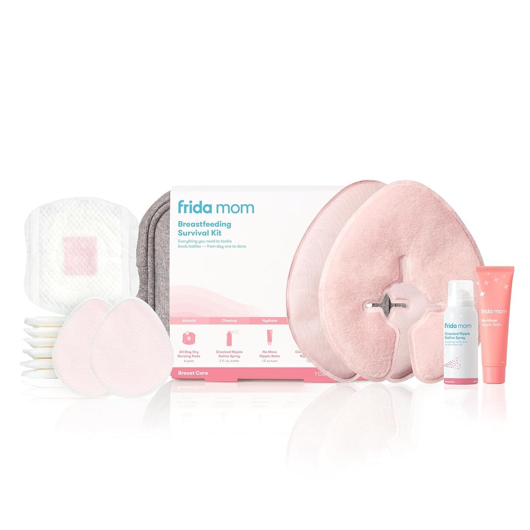 Frida Mom Breastfeeding Survival Kit for Nursing Moms, Reusable Hot+Cold Breast Relief Packs, Hydrogel Nipple Pads, Cracked Nipple Saline Spray, Nipple Balm, Nursing Pads, 13 Piece Gift Set, Pack of 2 