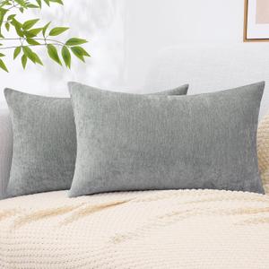 decorUhome Chenille Grey Throw Pillow Covers 12x20 Inch Set of 2, Decorative Soft Couch Pillow Covers Solid Dyed Accent Farmhouse Neutral Rectangle Pillow Cases for Sofa Bed Living Room