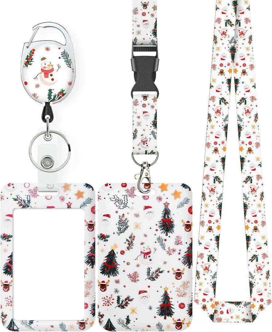 Uniclife Christmas Sliding Badge Holder Cartoon Snowman Hard ID Card Holder with Retractable Badge Reel Carabiner & Detachable Lanyard Strap Vertical Card Protector for Women Nurse Teacher Student