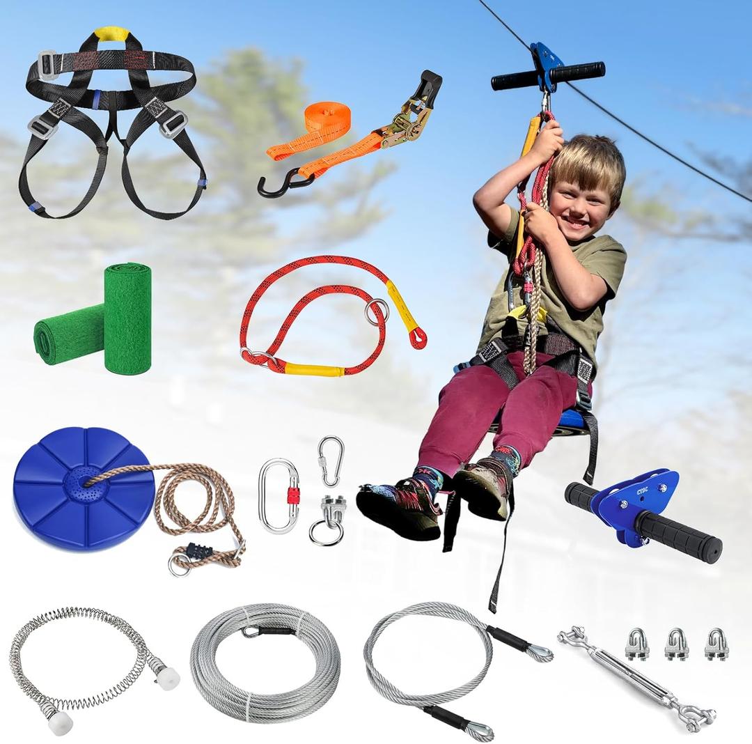 Zipline for Kids and Adults, Zip line Kits for Backyard with Stainless Steel Spring Brake, Cable Tensioning Kit, Safety Harness, 2 Tree Protectors and Full Set of Zip line Accessories, 105 ft