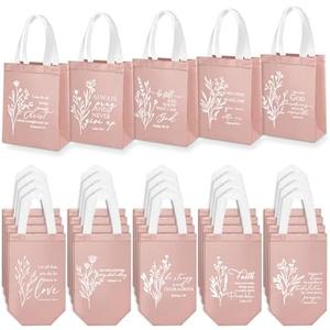 Sweetude 46 Pcs Christian Easter Gift Bag Bulk, Reusable Non Woven Church Welcome Totes with Handles, Medium Floral Bible Verse Bags for Mom Church Sunday School Religious Event Favors (Pink)