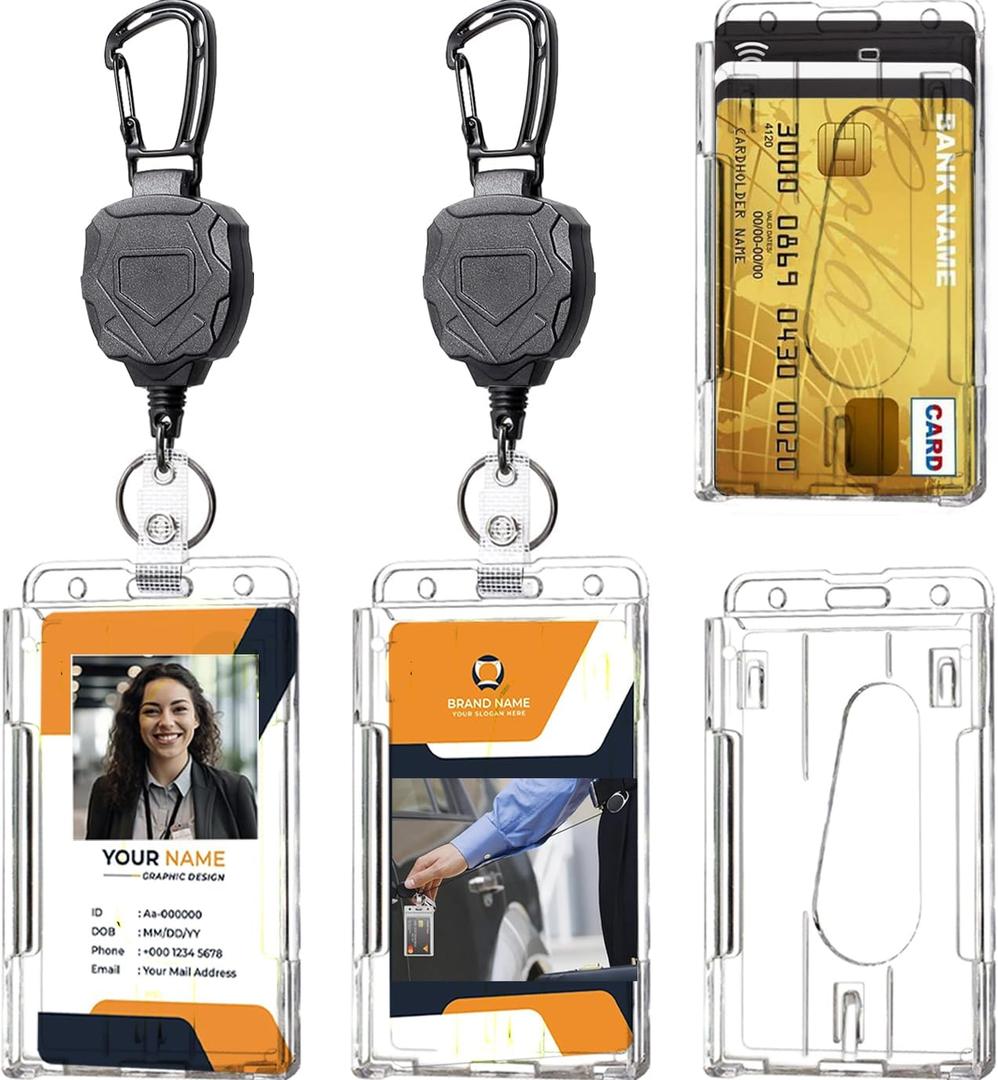 Badge Holder Retractable Clip Heavy Duty Carabiner Badge Reel Keychain with Lanyard ID Cards Holder(2 Pack)