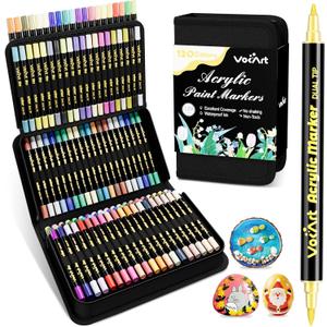 VOKART 120 Colors Acrylic Paint Markers - Dual Tip Brush & Fine Fabric Paint Pens for Rock, Canvas, Ceramic, Wood, Glass, Textile, Paper - DIY Art Supplies for Artists, Adults, Holiday Decorations