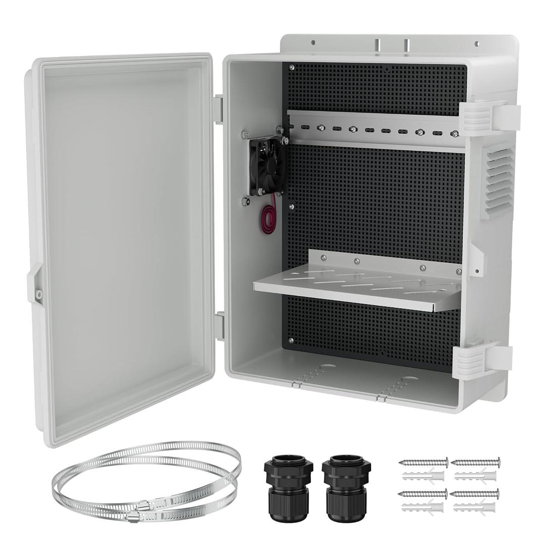 Joinfworld White Outdoor Electrical Box Waterproof Nema Enclosure 16x11x6 Plastic WiFi Box with Fan Vented Dust Screen (15.7"x11"x5.9" Non-Slip Buckle)