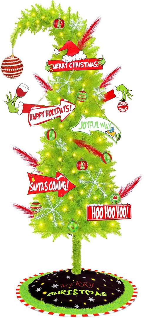 6FT Christmas Tree with 38 Piece Ornament Set, Whimsical Lime Green Christmas Tree with Signs & Skirt, Indoor Outdoor Holiday Decorations